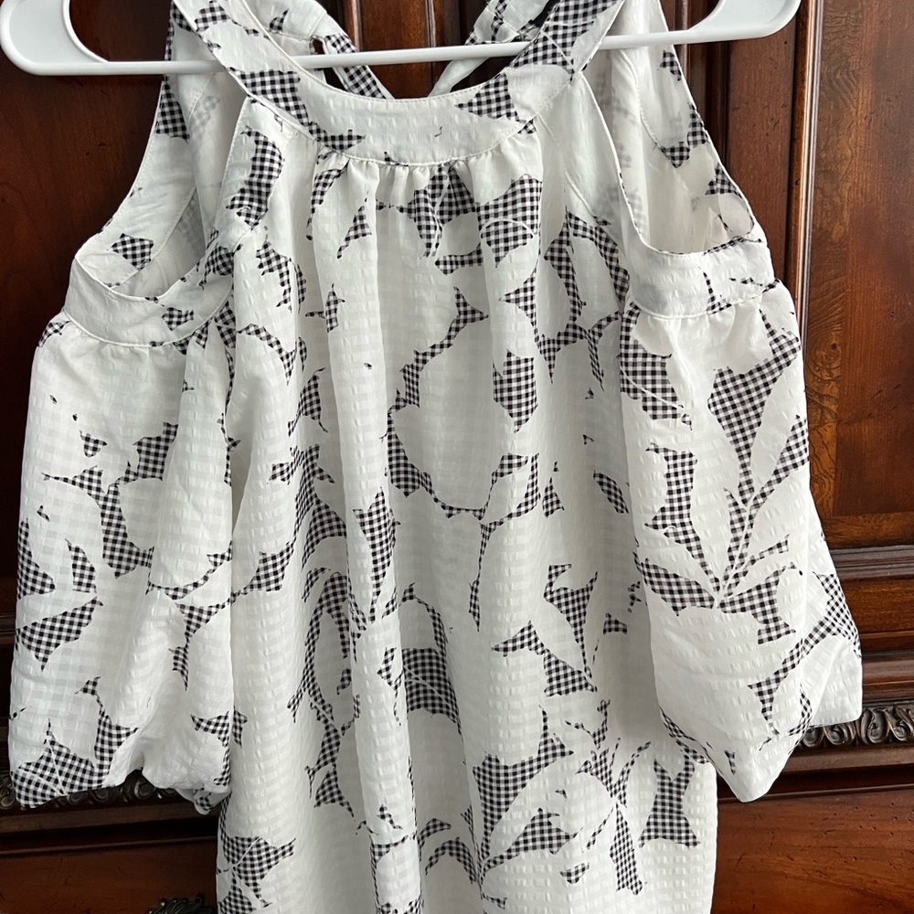 Ann Taylor Gingham Floral Cold Shoulder Blouse Top